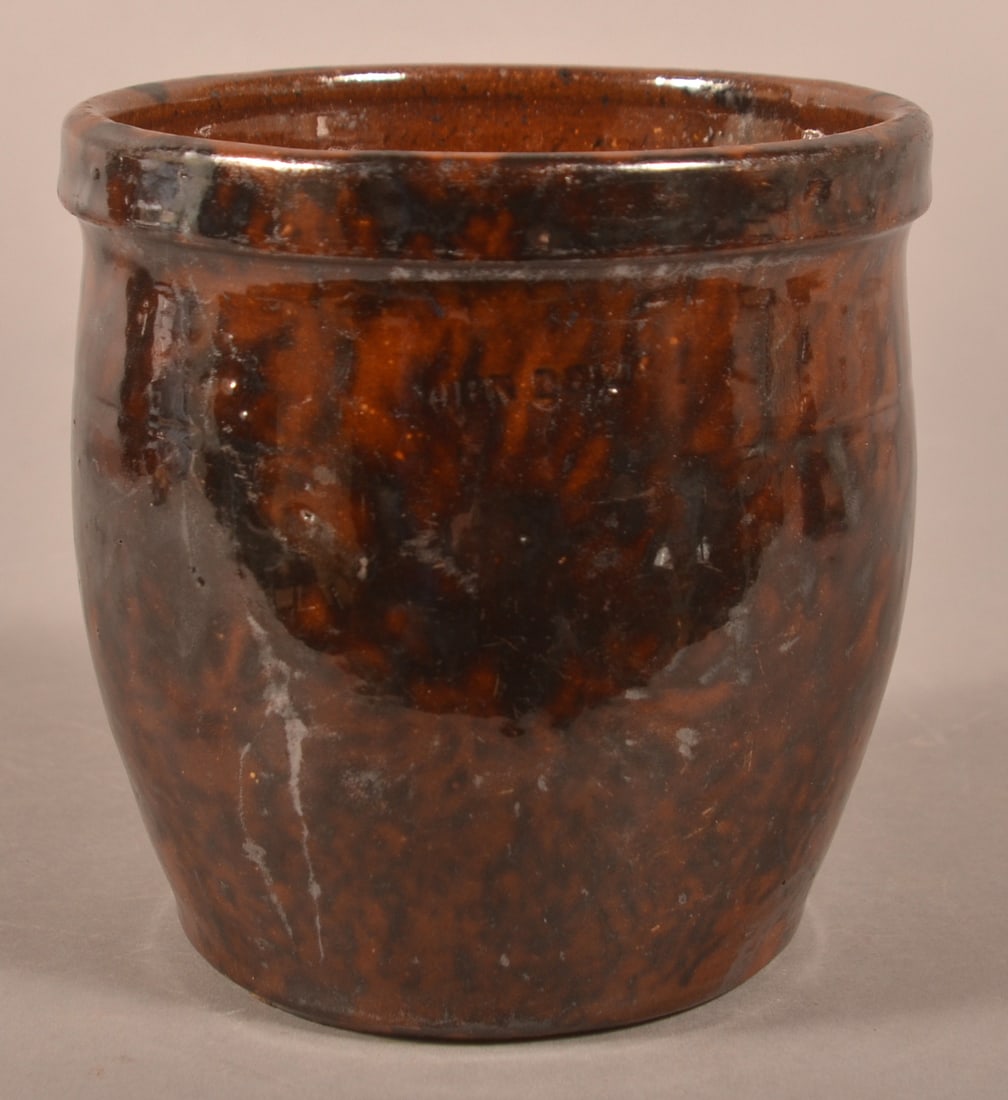 John Bell Mottled Glaze Redware Storage Jar.: John Bell Mottled Glaze Redware Storage Jar. Square rim with slightly bulbous body. 5-1/4"h.