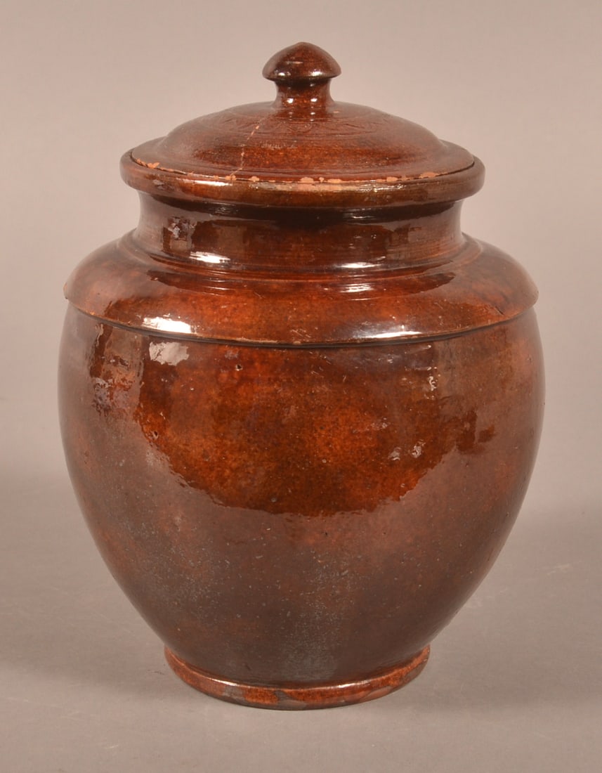 Adams Co., PA Glazed Redware Covered Jar.: Adams Co., PA Glazed Redware Covered Jar. Incised on bottom "This Jar Was Made By Issac Moyer When This You See Remember Me, July #3, 1848." Dome lid with incised decoration. Bulbous jar with molded s