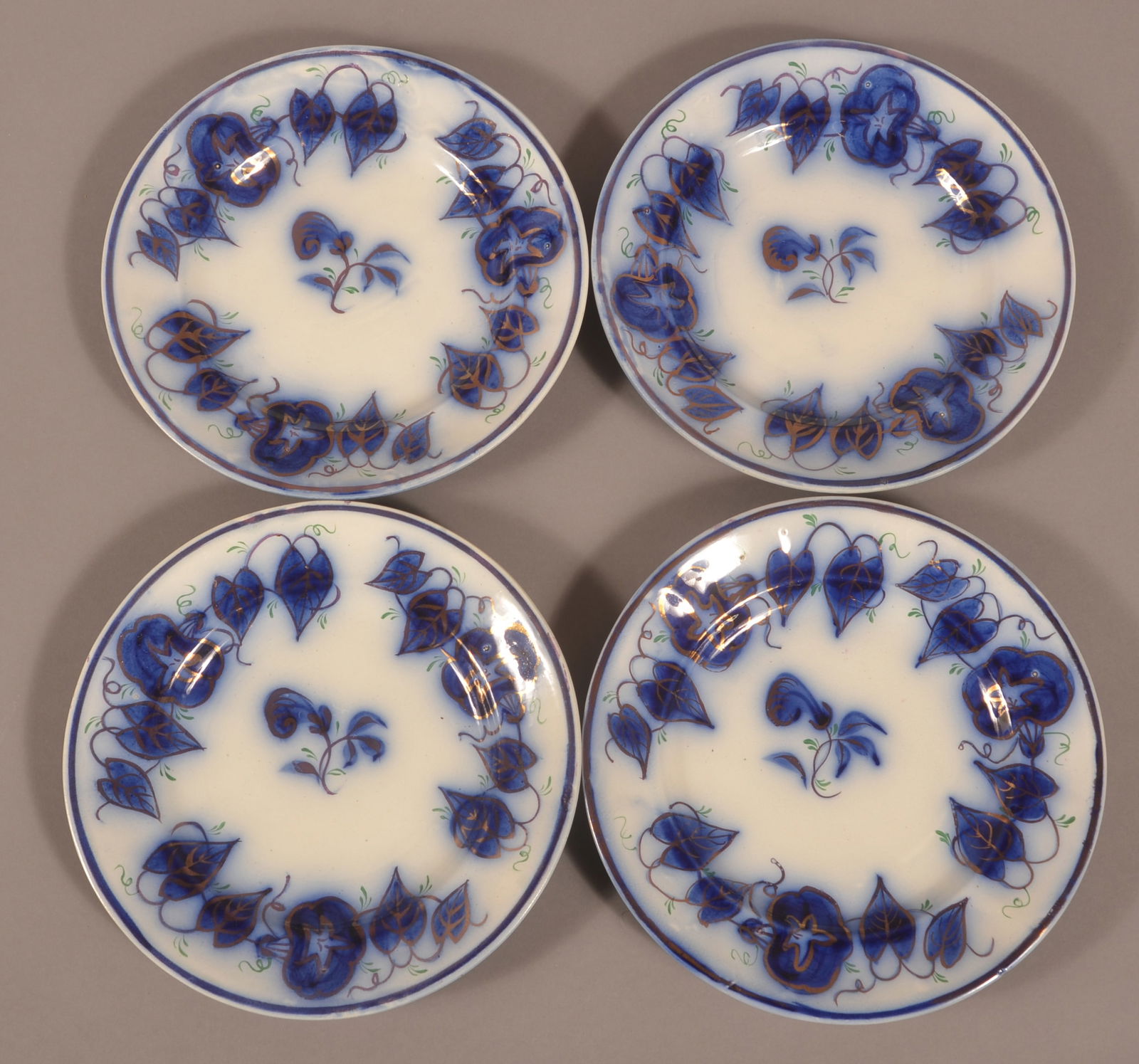 Four Gaudy Ironstone Morning Glory Plates. (1 of 2)