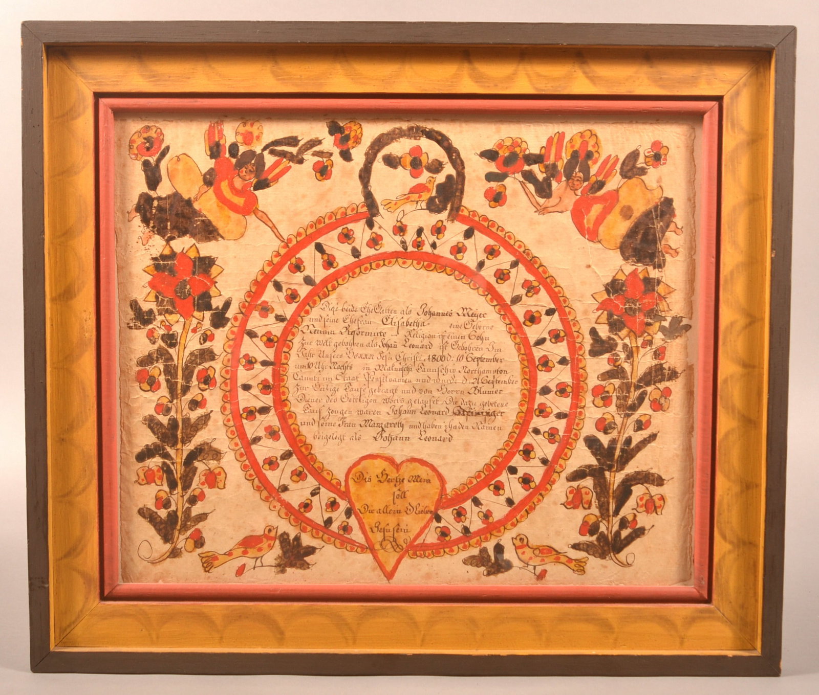 Blousy Angel Artist Watercolor and Ink Fraktur.: Blousy Angel Artist Watercolor and Ink Fraktur. (Southeastern PA, active 1780-1811). Inscribed for Elisabetha Meyer Northampton County, PA 1800. With central script in circular medallion flanked by an