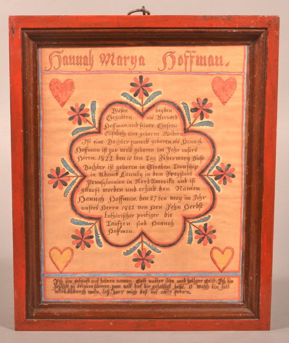Adams County, PA Ink and Watercolor Fraktur.: Adams County, PA Ink and Watercolor Fraktur. Inscribed for Hannah Marya Hoffman, Strahan Township, Adams County, PA. Born February 10, 1822. Mirror image with central scalloped tablet surmounted by he
