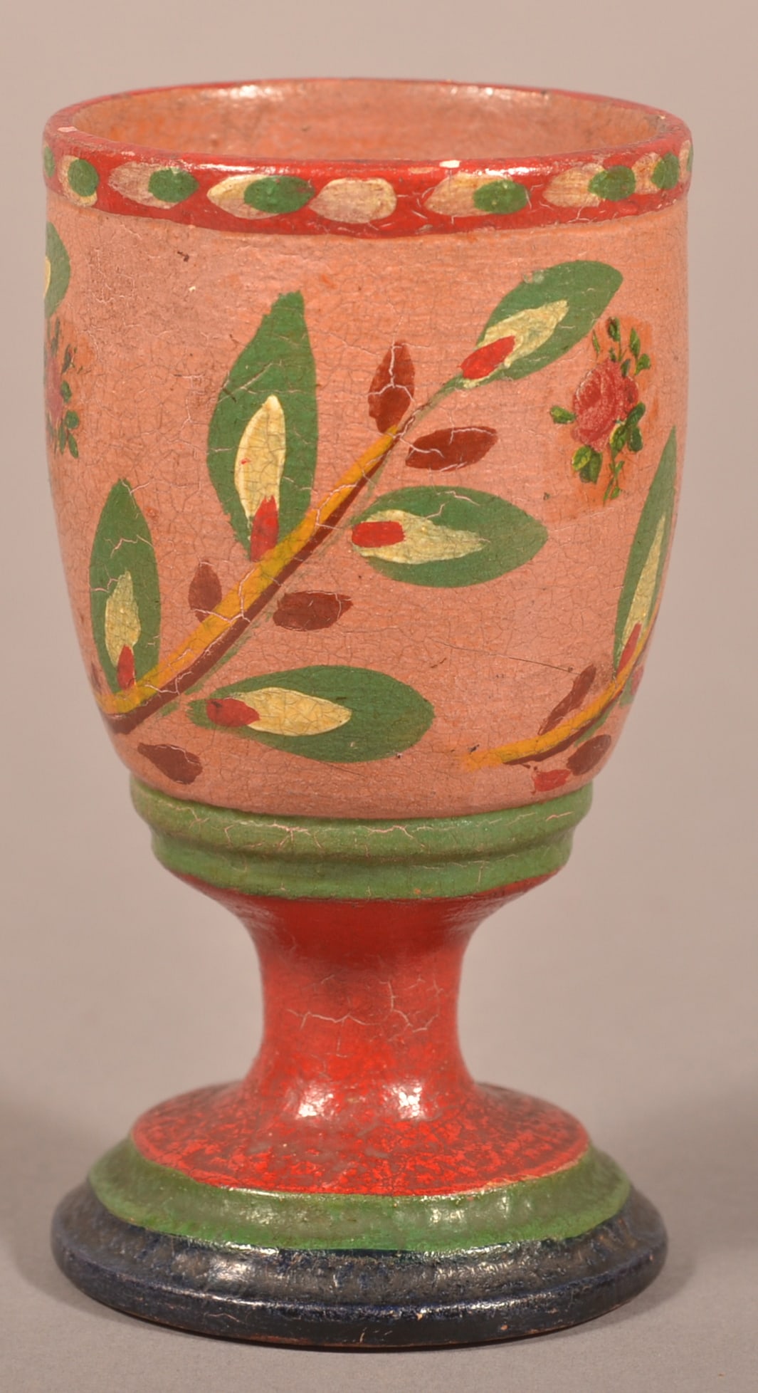 Lehnware Turned Poplar Paint-Decorated Egg Cup.: Lehnware Turned Poplar Paint-Decorated Egg Cup. Joseph Long Lehn (1798-1892), Clay Township, Lancaster County, PA. Pussy willow design on salmon ground with tiny rose decals. Green, red and blue pedes