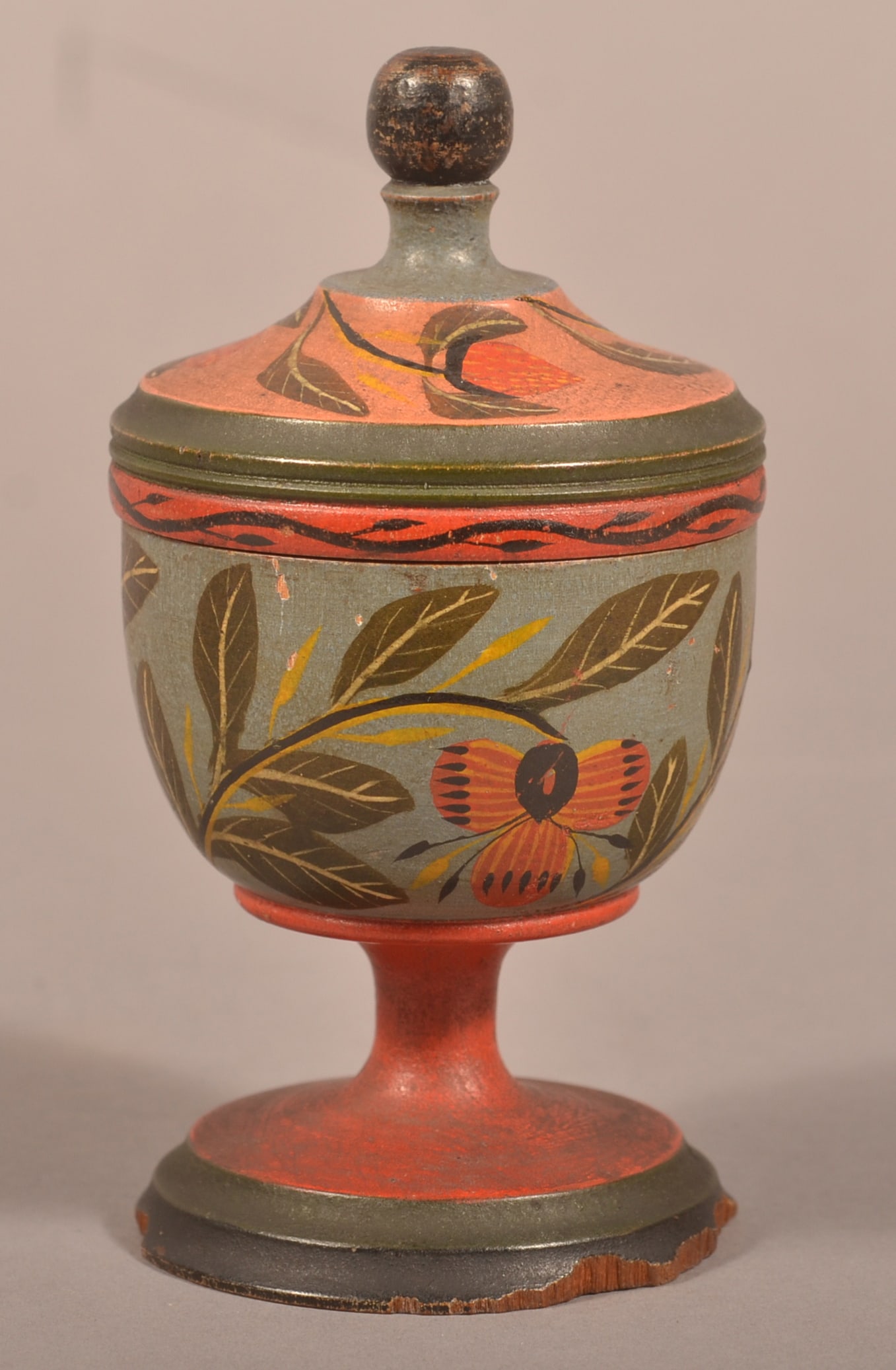 Covered Lehnware Footed Saffron Cup.: Covered Lehnware Footed Saffron Cup. Joseph Long Lehn (1798-1892), Clay Township, Lancaster County, PA. Turned poplar wood, scarce blue ground body with three floral and foliate sprays, salmon ground