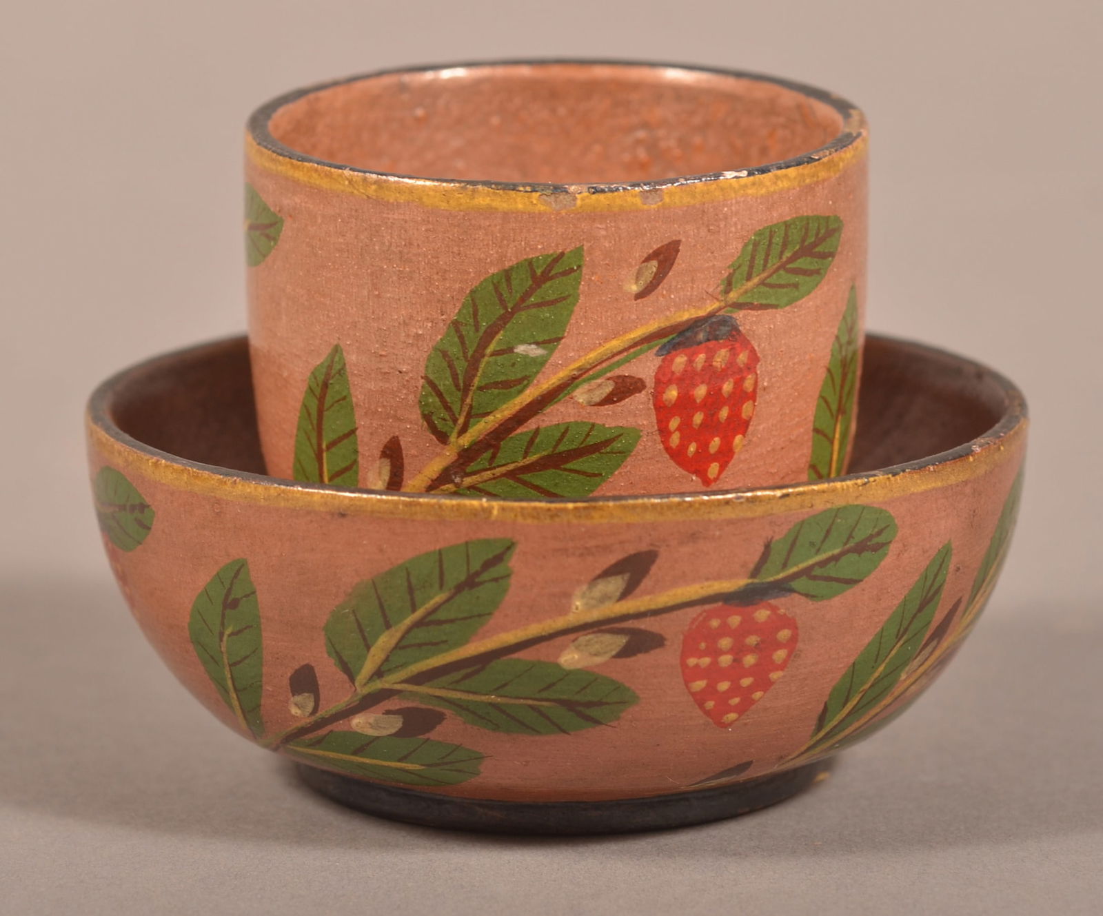 Lehnware Strawberry Pattern Cup and Saucer.: Lehnware Strawberry Pattern Cup and Saucer. Joseph Long Lehn, (1798-1892), Clay Township, Lancaster County, PA. Turned poplar wood with strawberry, pussy willow and leaf hand-painted decoration on sal