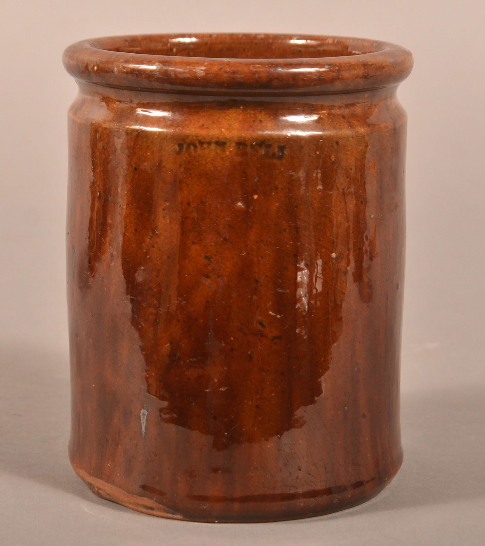 John Bell Mottled Glaze Redware Storage Jar.: John Bell Mottled Glaze Redware Straight-Sided Storage Jar. 5-1/2"h.