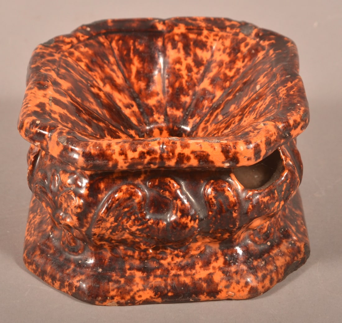 19th C. Mottled Glaze Redware Molded Cuspidor. (1 of 5)
