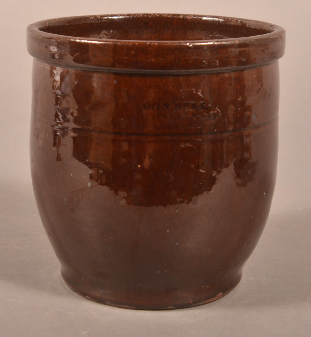 John Bell, Waynesboro, PA 19th C. Redware Jar.: John Bell, Waynesboro, PA 19th Century Redware Storage Jar. Square molded rim with tooled shoulder and bulbous body. 5-1/4"h.