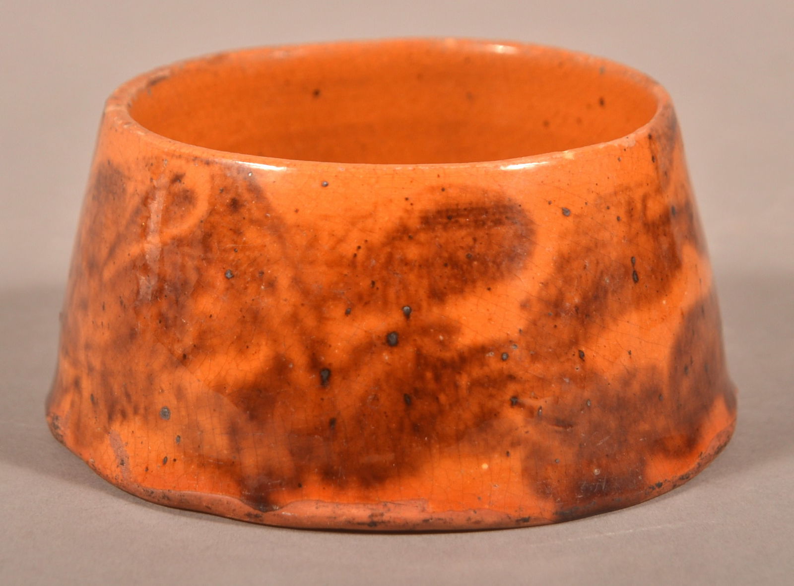 Adams Co., PA 19th C. Glazed Redware Master Salt.: Adams Co., PA 19th Century Mottled Glaze Redware Master Salt. Incised on bottom "Solomon Miller, September #9, 1882". Provenance: Eugene and Dorothy Elgin, Conestoga Auction, April 3, 2004, Lot #1. 1-