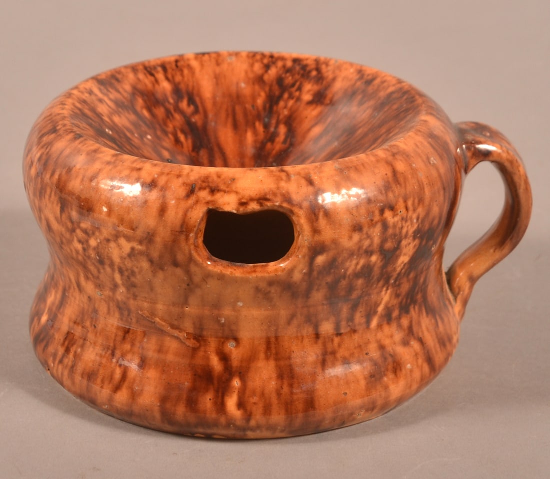 Mottled Glaze Redware Cuspidor with Loop Handle. (1 of 5)