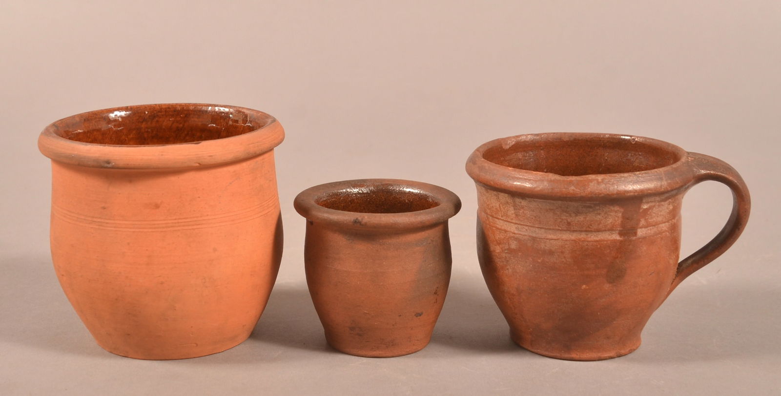 Three Redware Interior Glazed Miniature Jars.: Three Redware Interior Glazed Miniature Jars. 2-1/4" to 3-3/4"h.