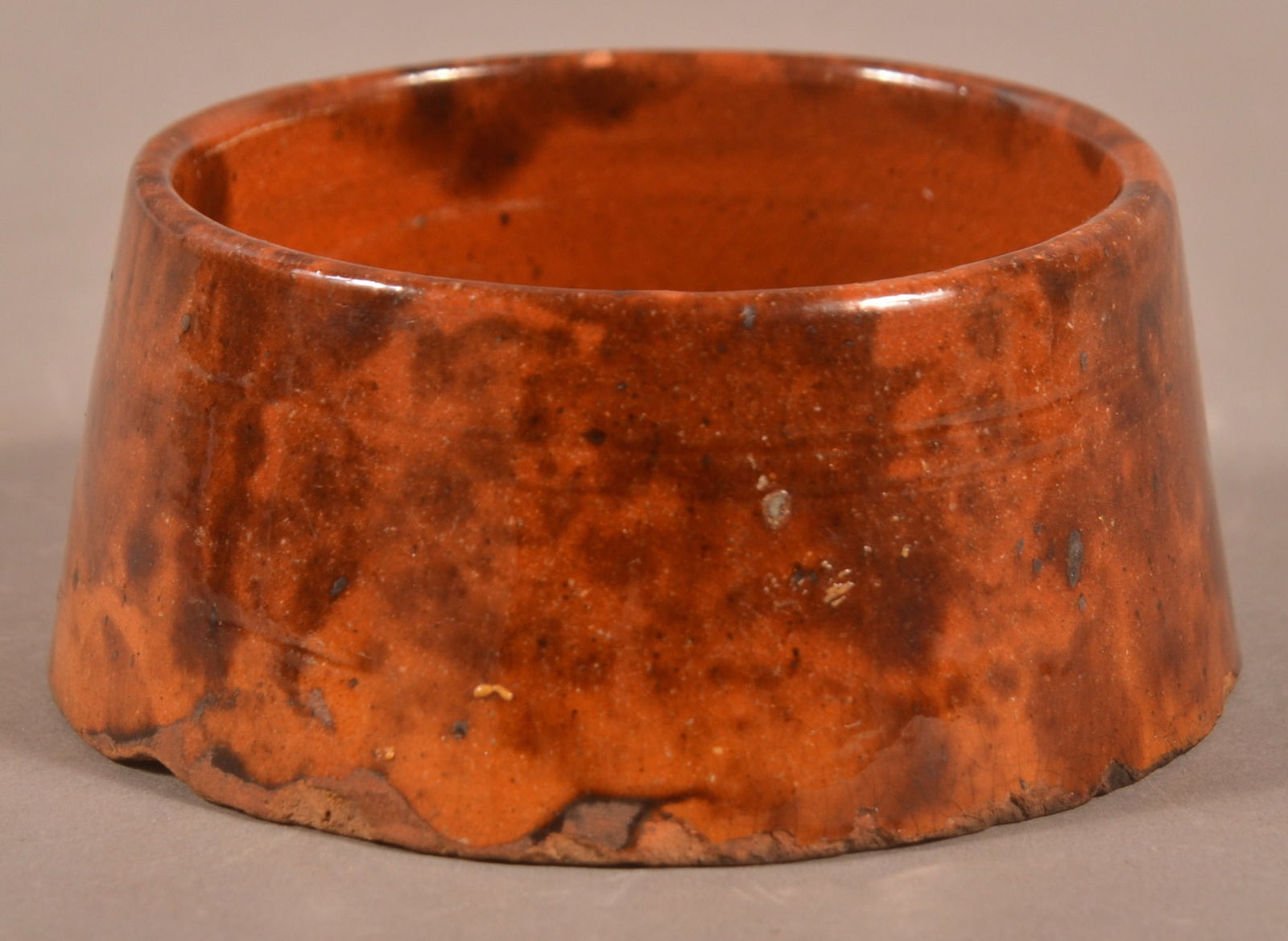 Adams Co., PA Mottled Glaze Redware Master Salt.: Adams Co., PA 19th Century Mottled Glaze Redware Master Salt. Incised on bottom "Solomon Miller, June #2, 1888". 1-3/4"h. x 3-5/8" diam.