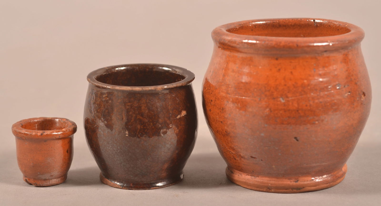 Three PA 19th C. Glazed Redware Miniature Jars. (1 of 3)