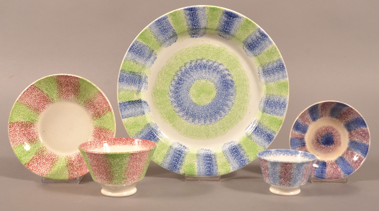 Rainbow Spatter China Plate & Two Cups & Saucers. (1 of 2)