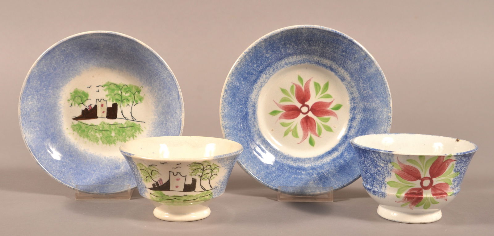 Two Blue Spatter Cups and Saucers. (1 of 2)