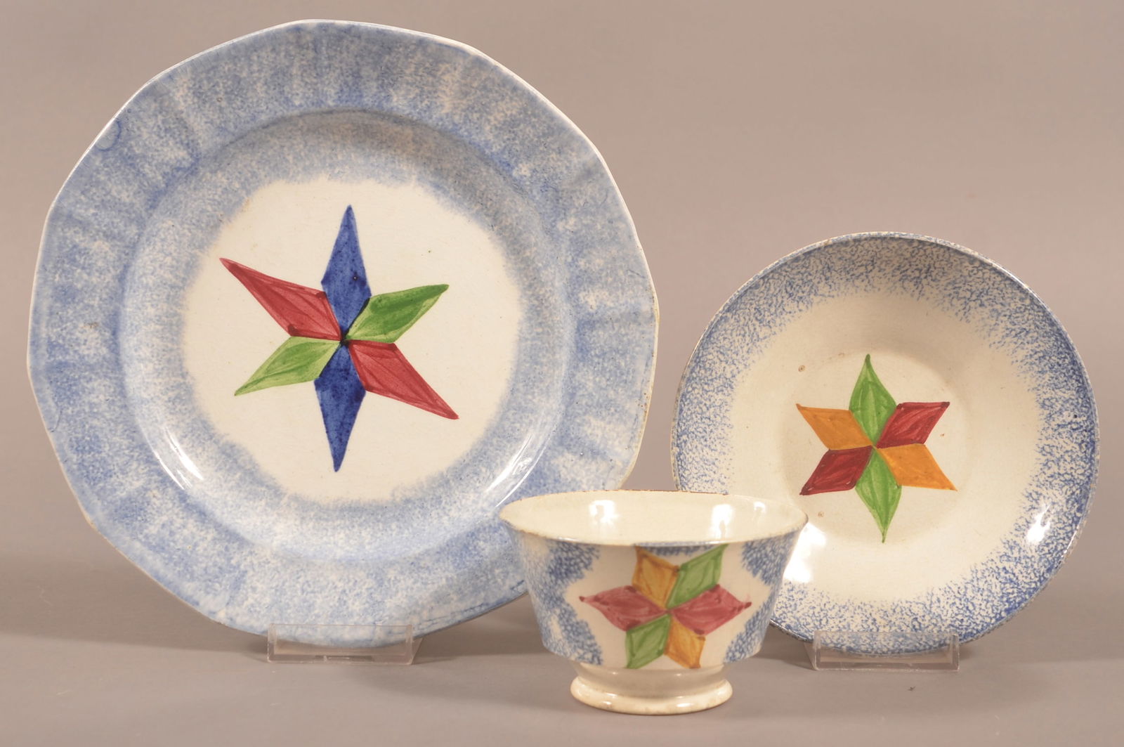 Blue Spatter Star Pattern Plate, Cup and Saucer. (1 of 2)