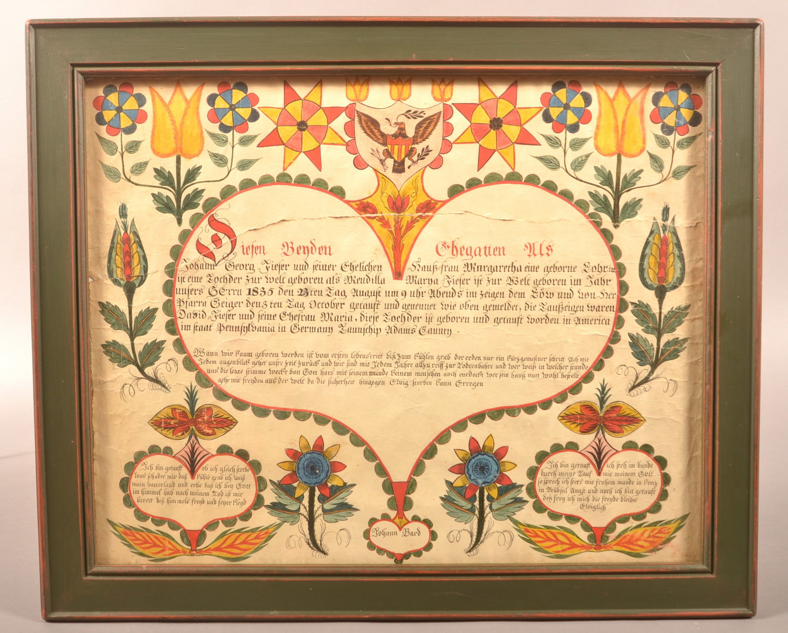 Johann Bard 1835 Ink & Watercolor Birth Cert.: Johann Bard Ink and Watercolor Fraktur Birth Certificate. (Pennsylvania and Maryland 1797-1861), Inscribed for Mendilla Marya Fiefer born August 23, 1835 in Germany Township, Adams County, PA. Mirror 