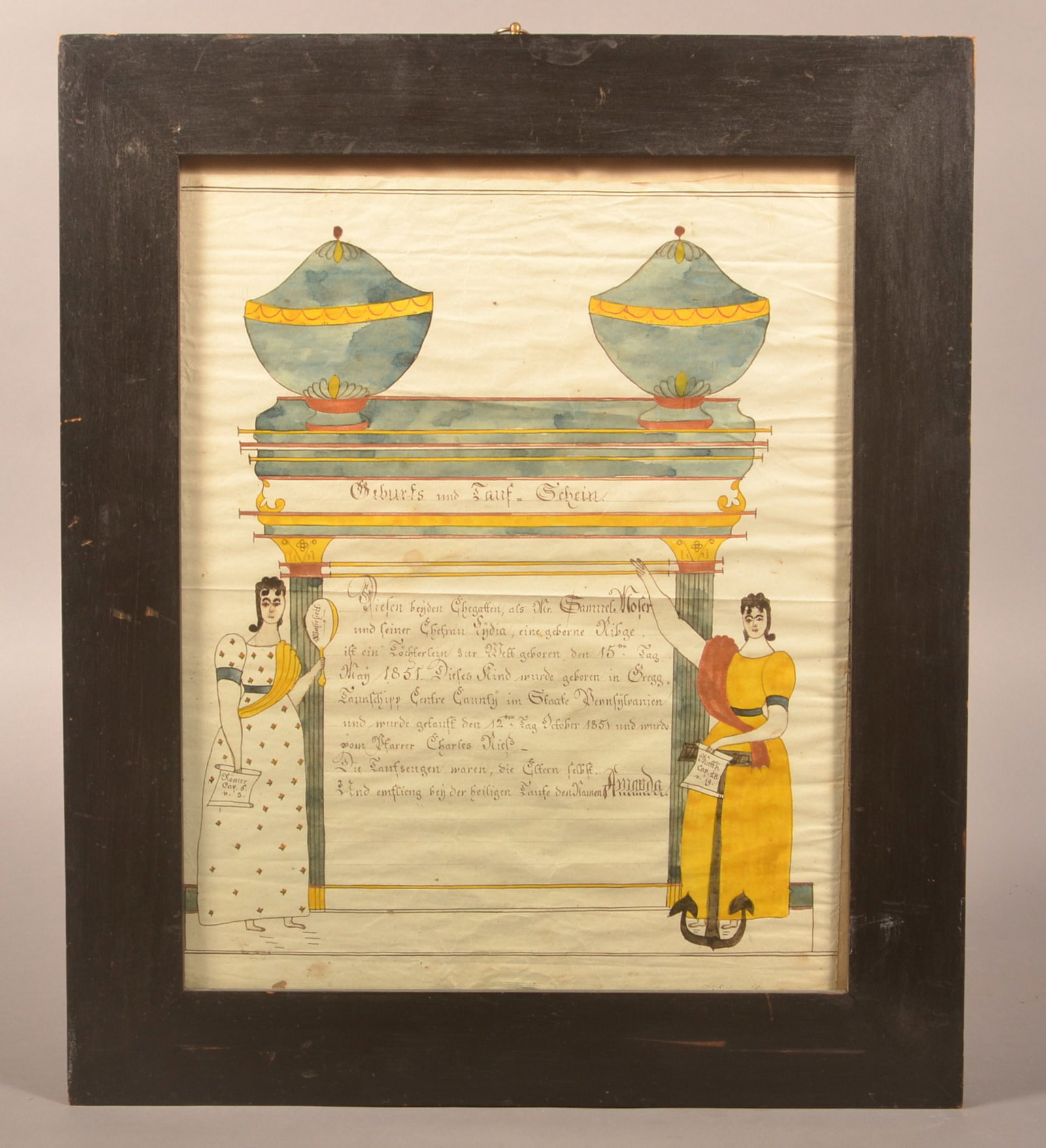 Reverend Henry Young Watercolor & Ink Taufschein.: Reverend Henry Young Watercolor and Ink Taufschein. (Southeastern Pennsylvania, active 1817-1861). Inscribed for Skibe Koler born May 15, 1851 in Gregg Township, Centre County, PA. With blue columns s