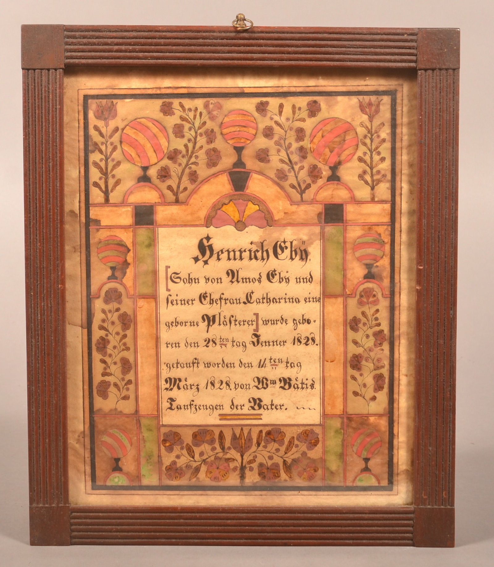 Samuel Bentz 1828 Ink & Watercolor Fraktur.: Samuel Bentz 1828 Ink and Watercolor Fraktur Birth Certificate. Inscribed for Henrich Eby, born 1828. Mirror image with central tablet containing text surmounted by striped spheres, floral and foliate