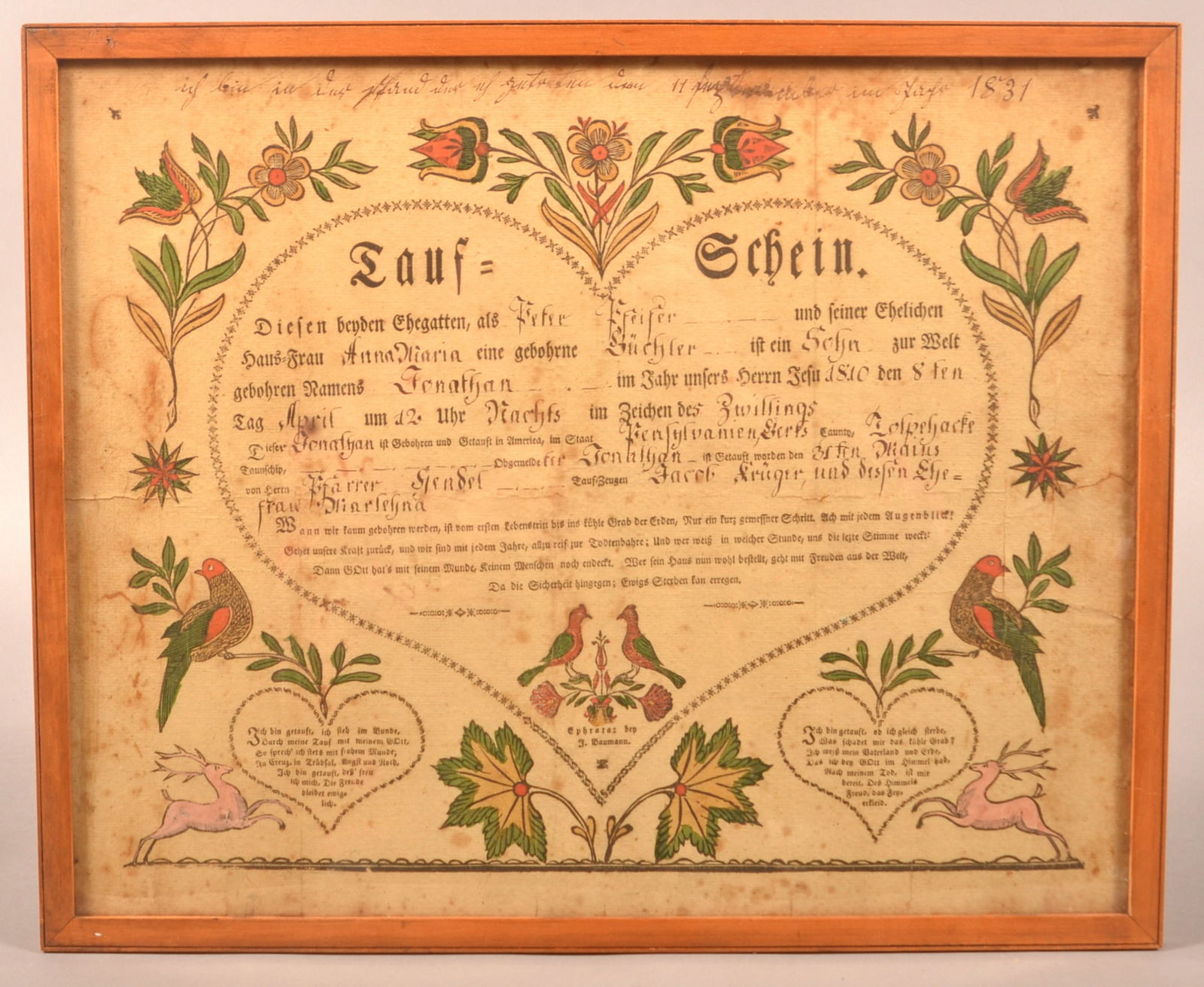 J. Baumann, Ephrata, PA Taufschein Dated 1810. (1 of 6)