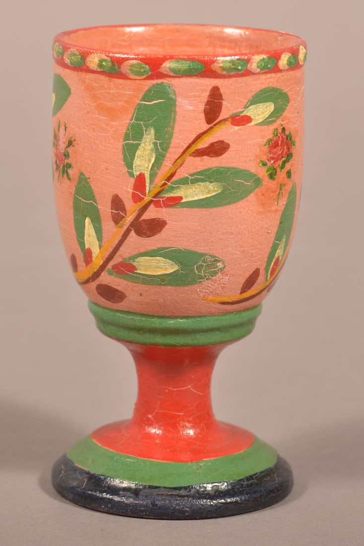 Lehnware Turned Poplar Paint-Decorated Egg Cup.: Lehnware Turned Poplar Paint-Decorated Egg Cup. Joseph Long Lehn (1798-1892), Clay Township, Lancaster County, PA. Pussy willow design on salmon ground with tiny rose decals. Green, red and blue pedes
