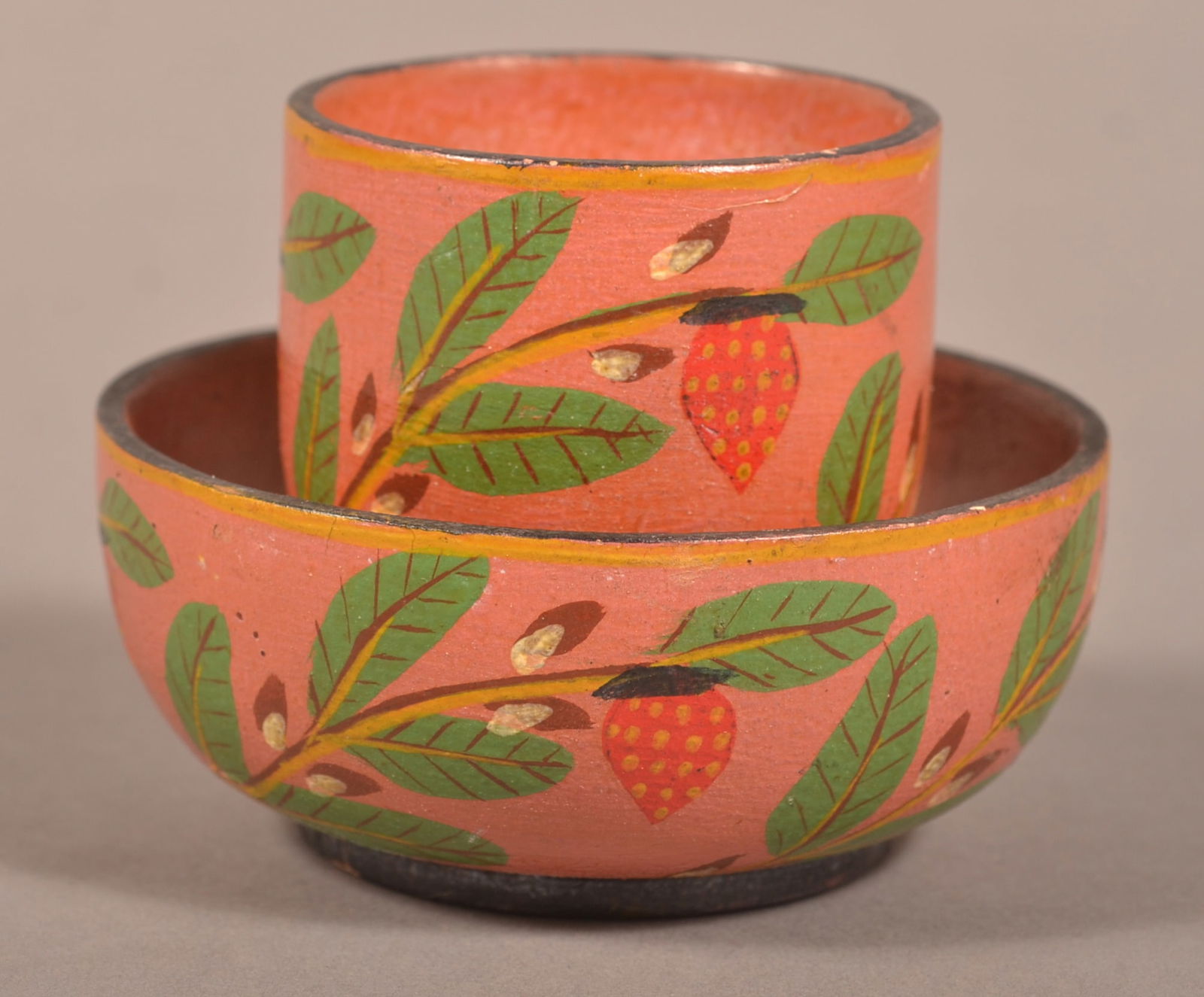 Lehnware Strawberry Pattern Cup and Saucer.: Lehnware Strawberry Pattern Cup and Saucer. Joseph Long Lehn, (1798-1892), Clay Township, Lancaster County, PA. Turned poplar wood with strawberry, pussy willow and leaf hand-painted decoration on sal
