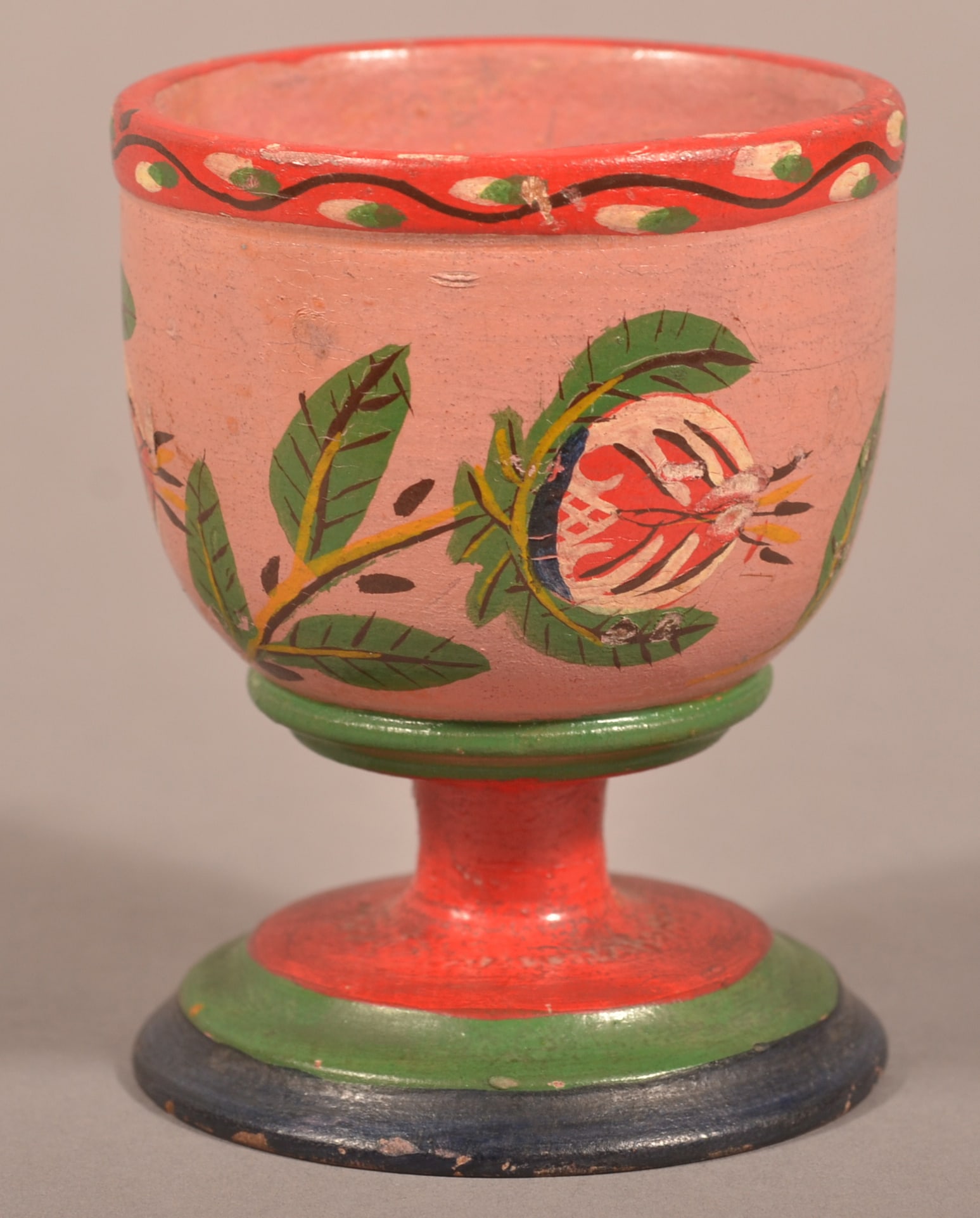 Lehnware Paint-Decorated Footed Master Salt.: Lehnware Paint-Decorated Footed Master Salt. Joseph Long Lehn (1798-1892), Clay Township, Lancaster County, PA. Turned poplar with stylized strawberry, bud and foliate painted decoration on a salmon g