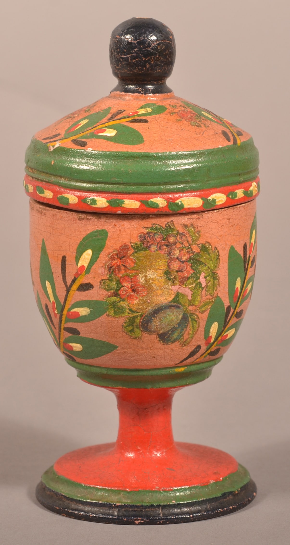 Covered Lehnware Footed Saffron Cup.: Covered Lehnware Footed Saffron Cup. Joseph Long Lehn, (1798-1892), Clay Township, Lancaster County, PA. Polychrome hand-painted pussy willow, sprig and foliate decoration with fruit and floral decals