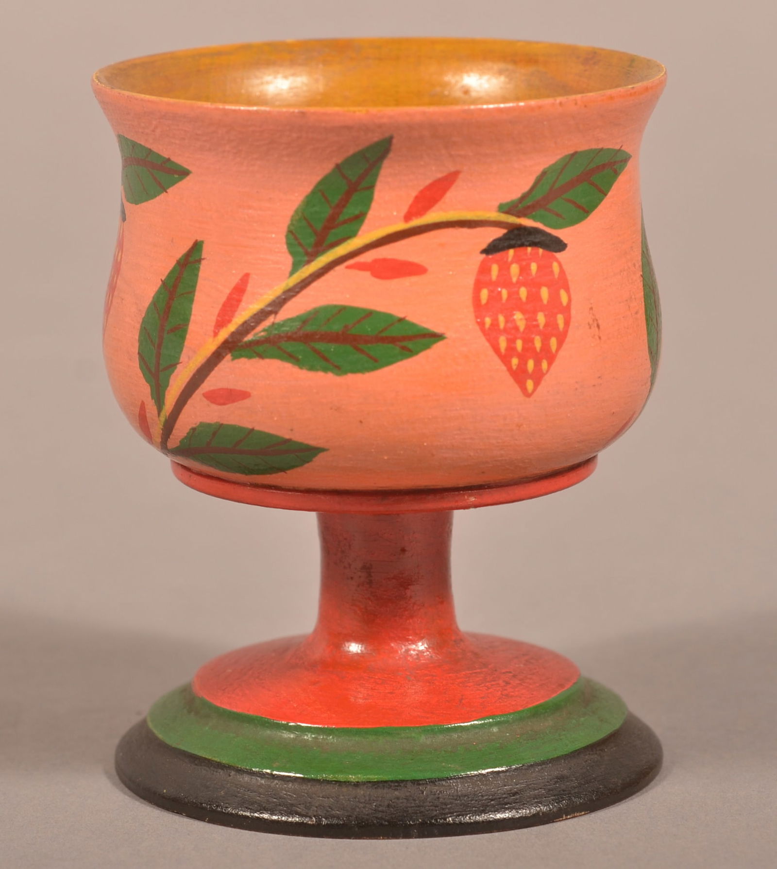 Lehnware Strawberry Pattern Footed Master Salt.: Lehnware Strawberry Pattern Footed Master Salt. Joseph Long Lehn, (1798-1892), Clay Township, Lancaster County, PA. Turned poplar wood, polychrome-painted strawberry with red buds and foliate decorati