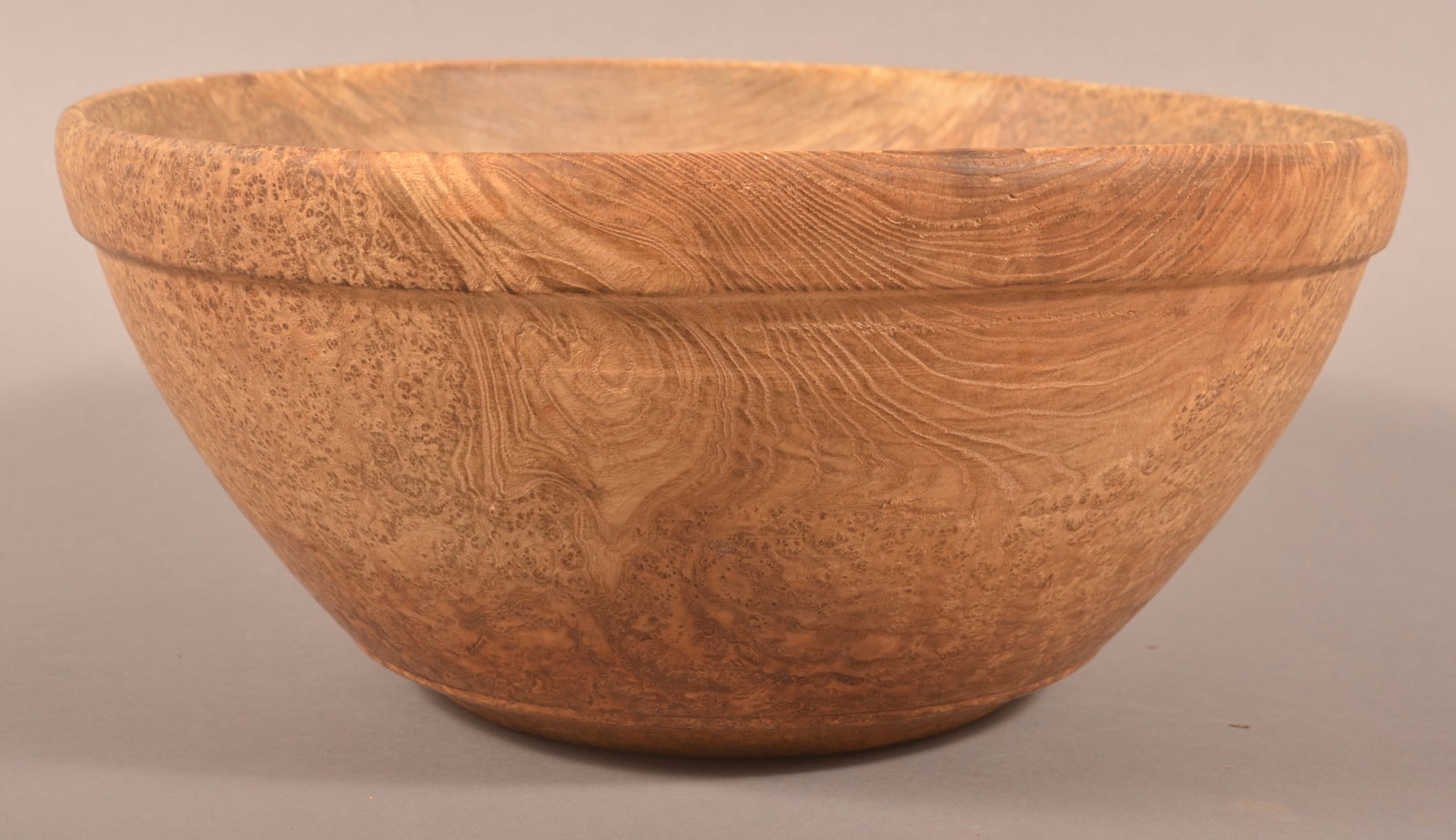 New England Early 19th Century Burlwood Bowl.: New England Early 19th Century Burlwood Bowl. Tapered to square molded rim. 6-1/2''h. x 14" diam.