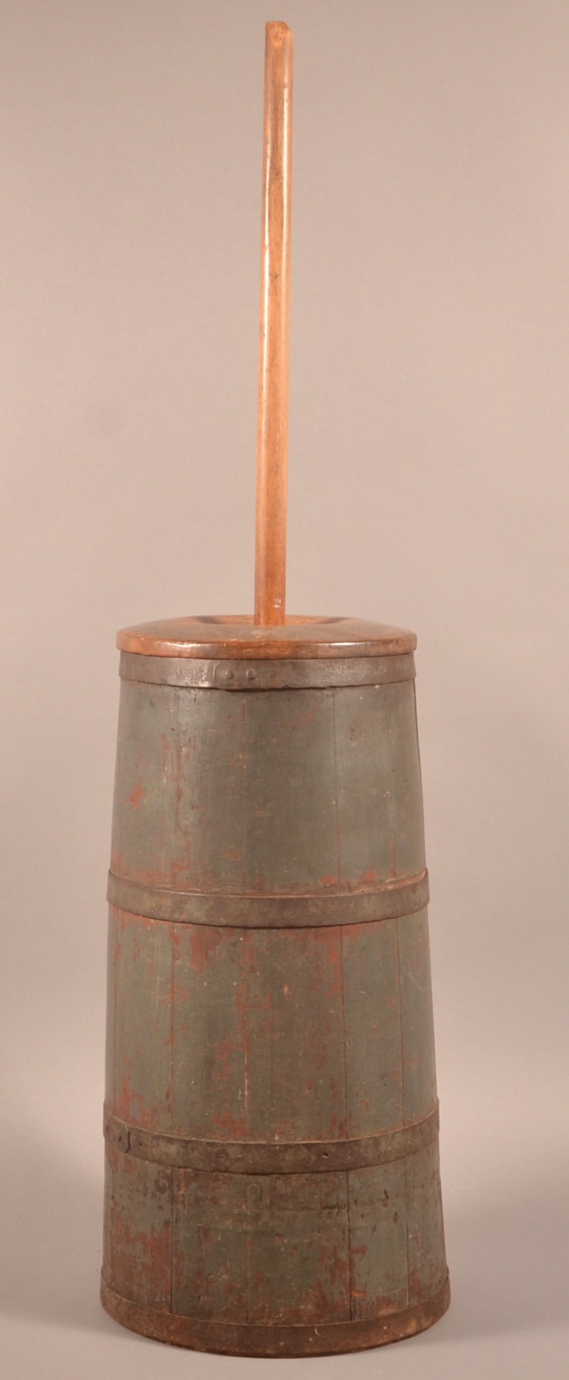 Antique Sage-Over-Red Painted Wood Butter Churn. (1 of 6)