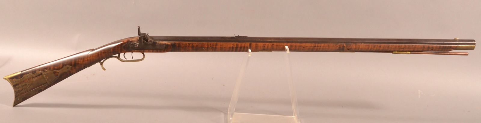 S.M. Sheller Curly Maple Perc. Full-Stock Rifle.: S.M. Sheller Pennsylvania Curly Maple Percussion Full-Stock Rifle. Brass furniture including an incised 4-piece patchbox. Double-set triggers. Lockplate stamped illegibly in an oval mark. Converted to