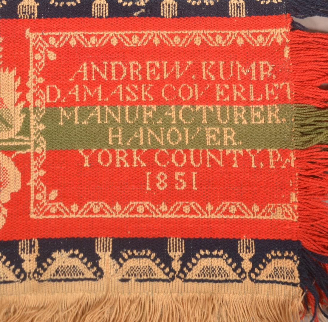 1851 York County, PA 4-Color Jacquard Coverlet.: 1851 York County, PA 2-Part, 4-Color Jacquard Coverlet. Signed "Andrew Kump, Damask Coverlet Manufacturer, Hanover, York County, PA 1851". 80'' x 88''.