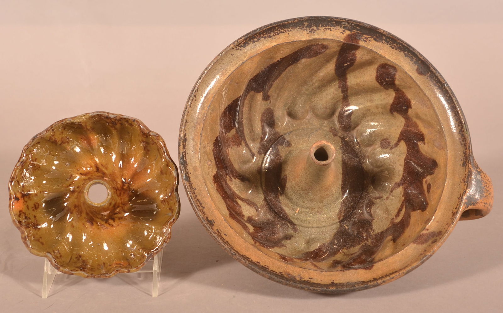 Two Redware Turk's Head Molds in Green Glaze. (1 of 3)