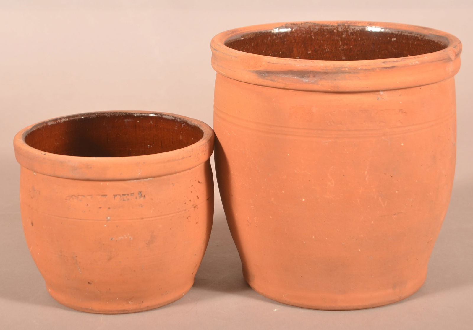 Two John W. Bell Interior Glazed Redware Crocks.: Two John W. Bell, Waynesboro Interior Glazed Redware Crocks. 5-1/2" and 8-1/4"h. Provenance: The late Ronald E. Hammer, New Oxford, PA.