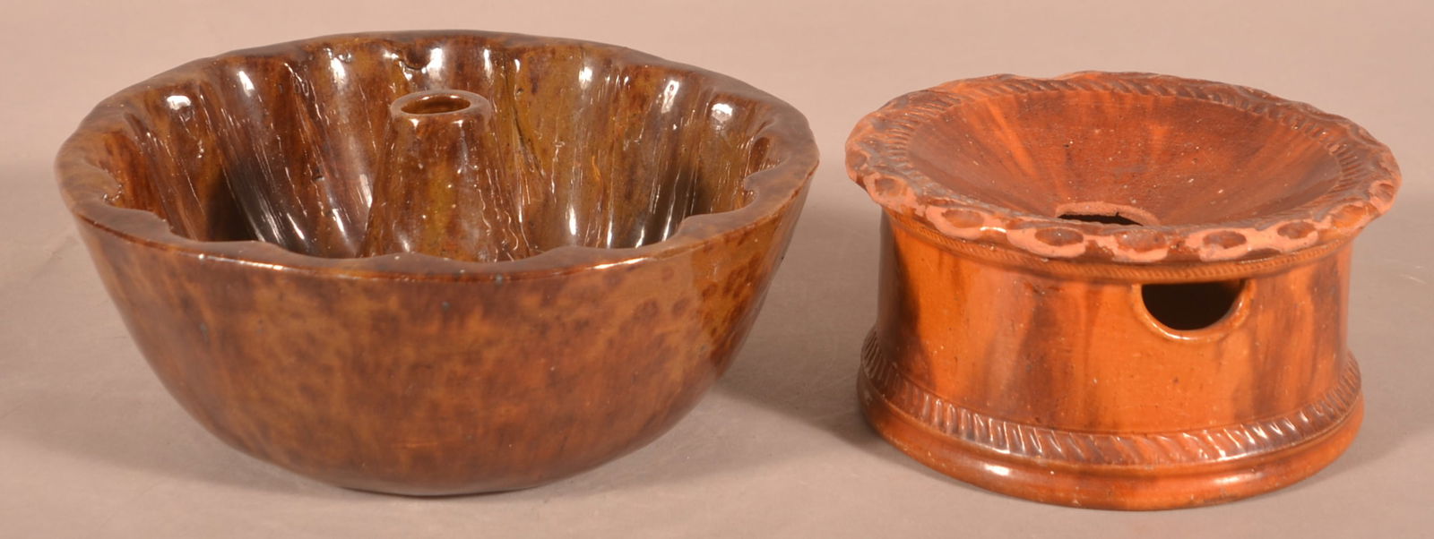 Antique Glazed Redware Cuspidor & Cake Mold.: Antique Mottled Glaze Redware Cuspidor and Cake Mold. 7-1/4" and 10" diam. Provenance: The late Ronald E. Hammer, New Oxford, PA.