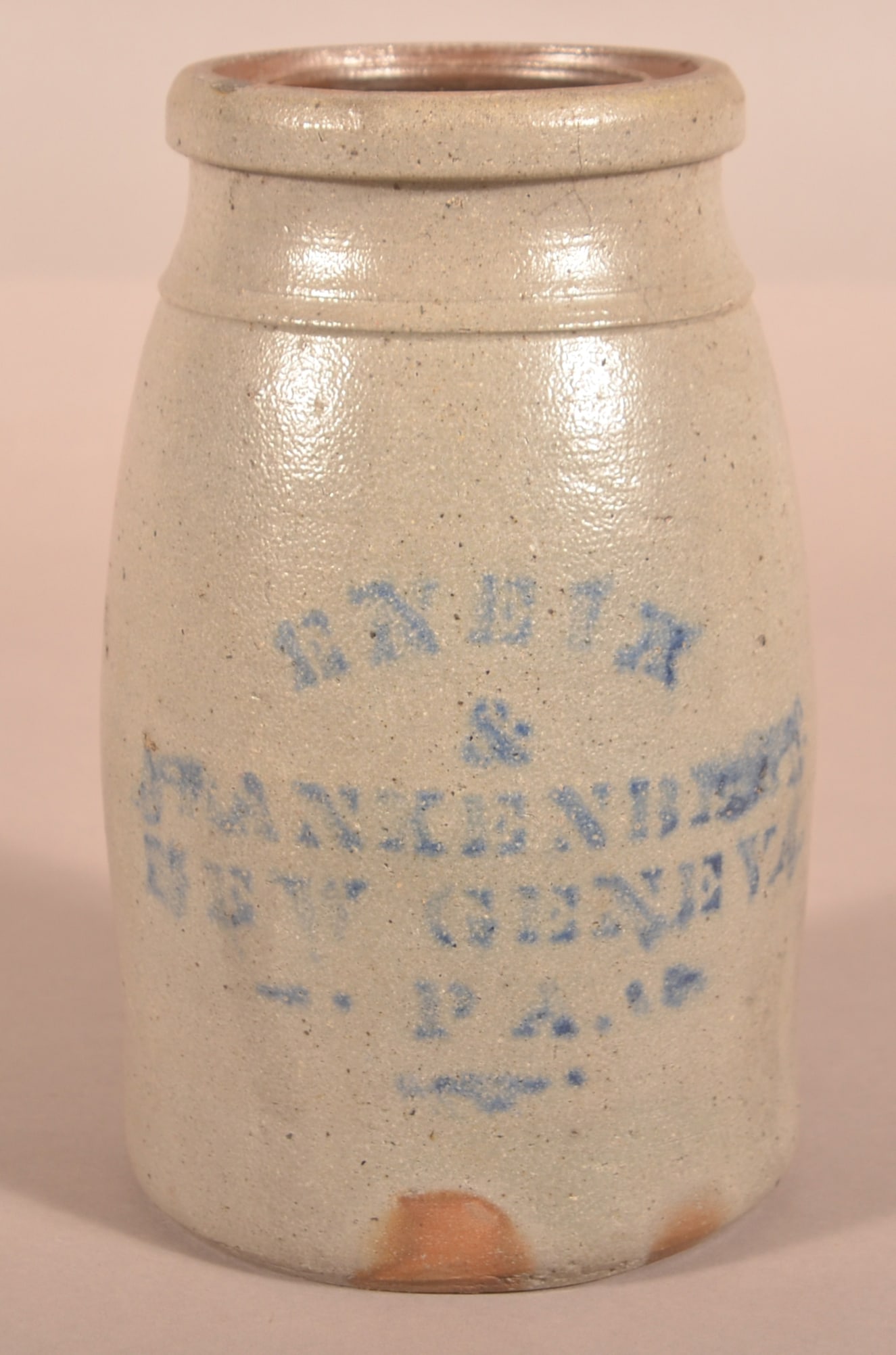 Eneix & Frankenberry, New Geneva, PA Crock.: Eneix & Frankenberry, New Geneva, PA Crock. 1-gallon Western Pennsylvania canning crock with stencil. 1870's. 9-1/2"h.