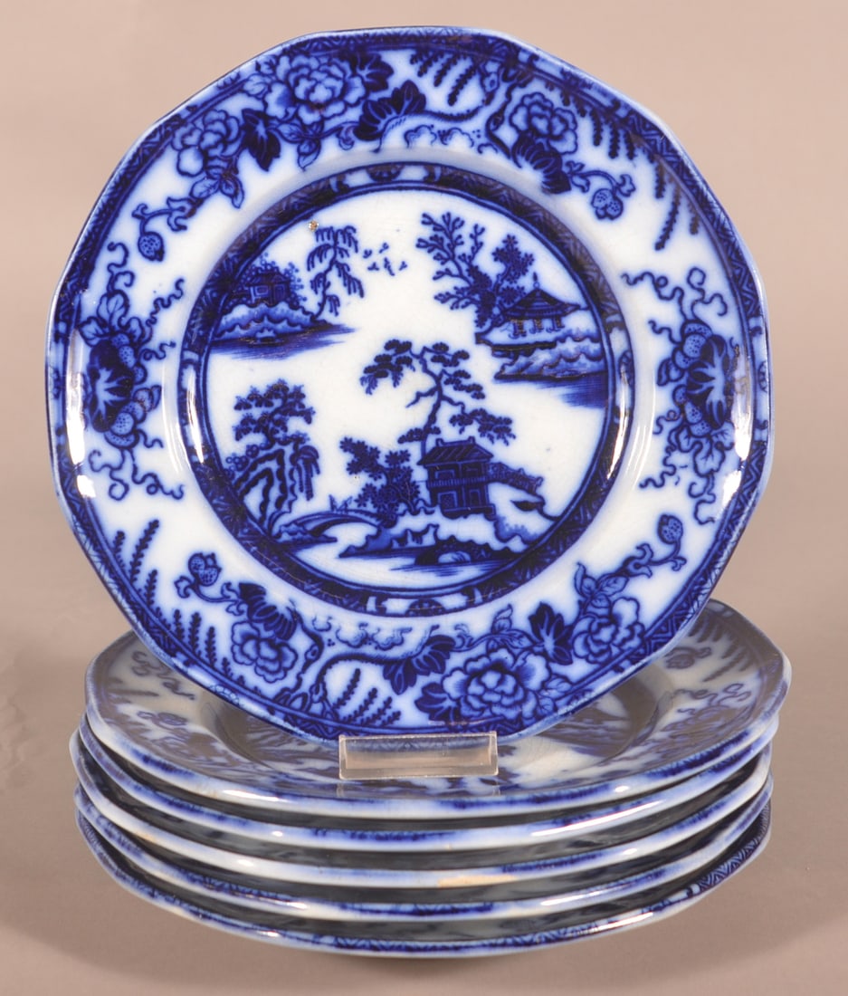 Six Flow Blue Ironstone China "Hong Kong" Plates. (1 of 3)