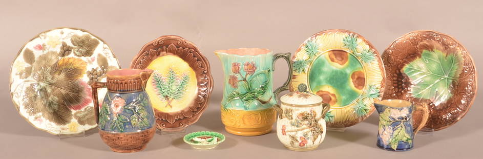 Nine Various Pieces of Majolica Pottery.: Nine Various Pieces of Majolica Pottery. Tallest pitcher, 7"h. Provenance: The late Ronald E. Hammer, New Oxford, PA.