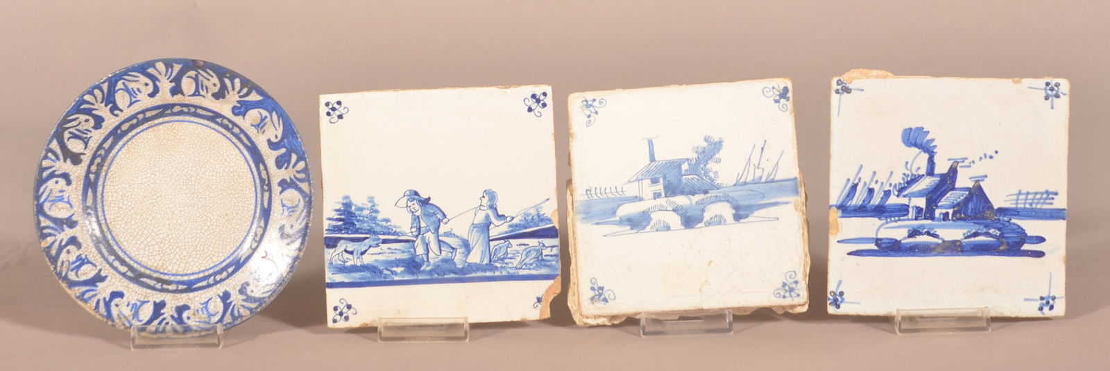 Dedham Rabbit Plate and Three Delft Tiles. (1 of 2)