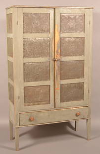 Pennsylvania Heart and Star Pie Safe.: Pennsylvania Heart and Star Pie Safe. Early grey-over-red paint with nice high feet. 16 punched tins with heart and star design. Single drawer is square nailed. Top board is beveled. Circa 1860. 68-1/