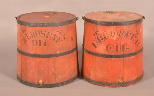 Painted & Stenciled Country Store Oil Buckets.: Pair of Painted & Stenciled Country Store Oil Buckets. Wood staved construction with metal bands. Original paint and stencil decoration with wire bail handles. Early 20th century. 13"h.