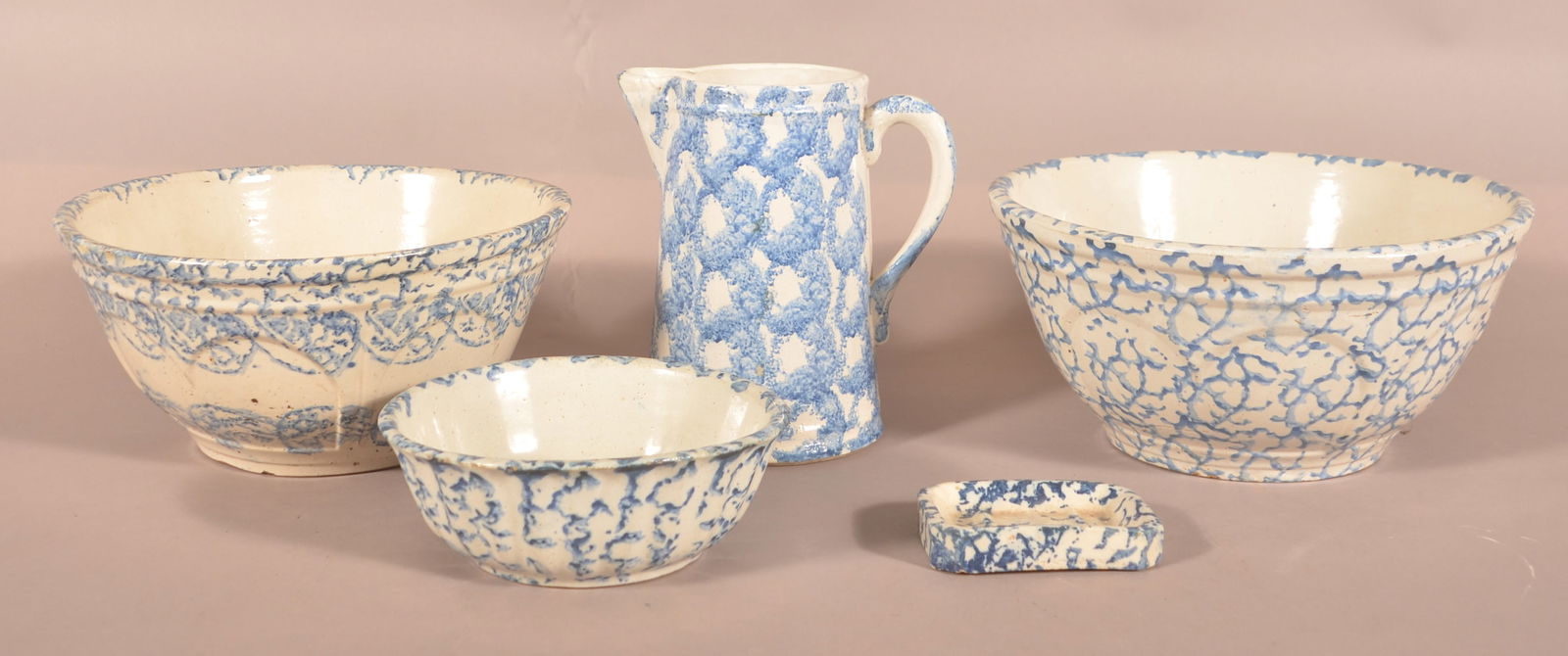 Five Pieces of Blue Sponge-Decorated Stoneware. (1 of 3)