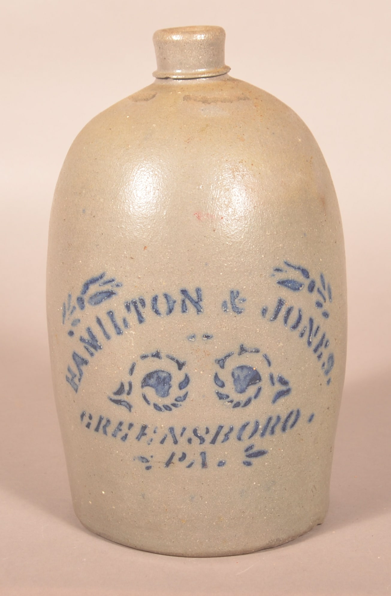 Hamilton & Jones 1-Gal. Greensboro, PA Jug.: Hamilton & Jones 1-Gal. Greensboro, PA Jug. Unusual stencil with excellent contrast, ca. 1875. 11"h.