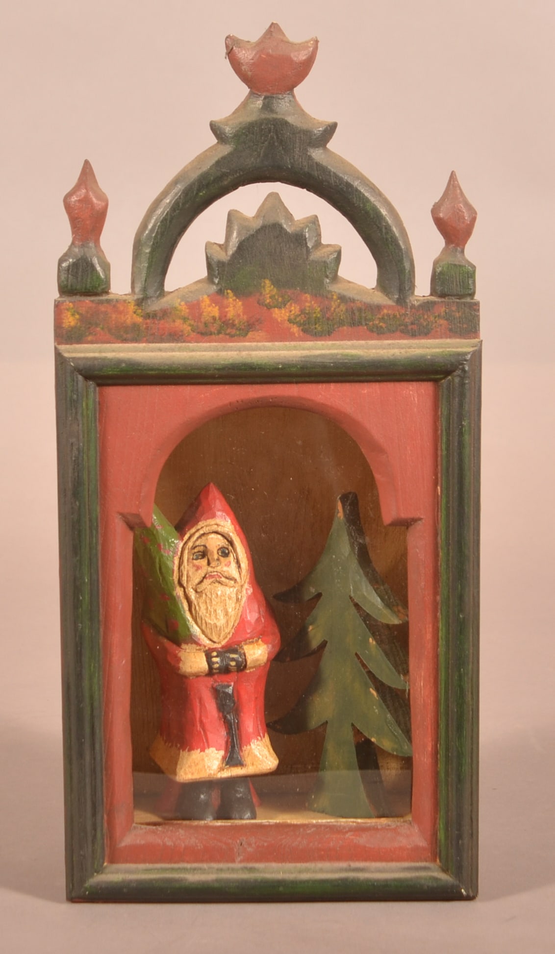 Gottshall 1975 Santa and Christmas Tree in Hutch.: Walter J. Gottshall Contemporary Folk Art Santa and Christmas Tree in Hutch. Signed "WJG 75". 13-3/4"h.