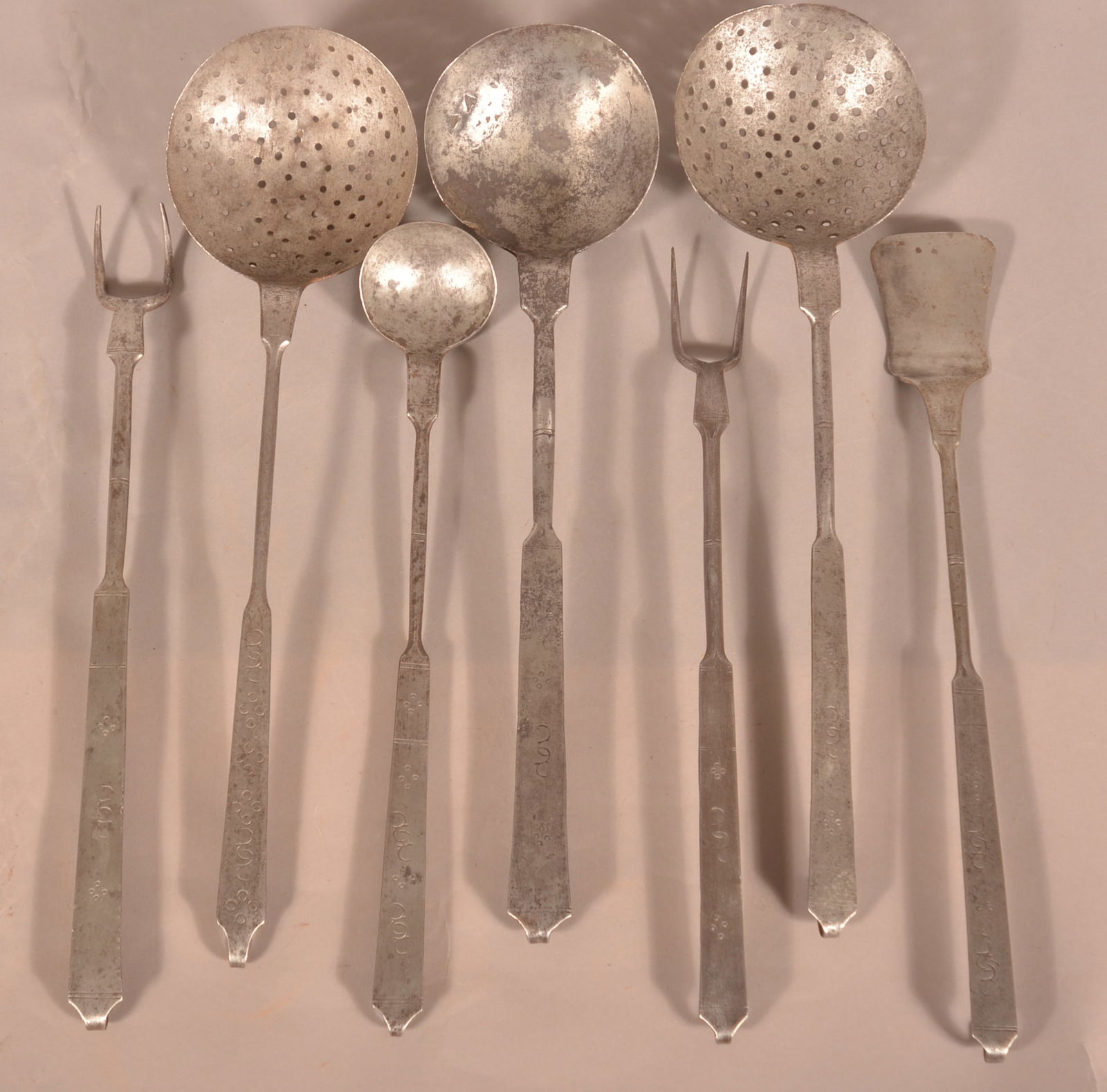 Seven Wrought Iron Decorated Fireplace Utensils. (1 of 4)