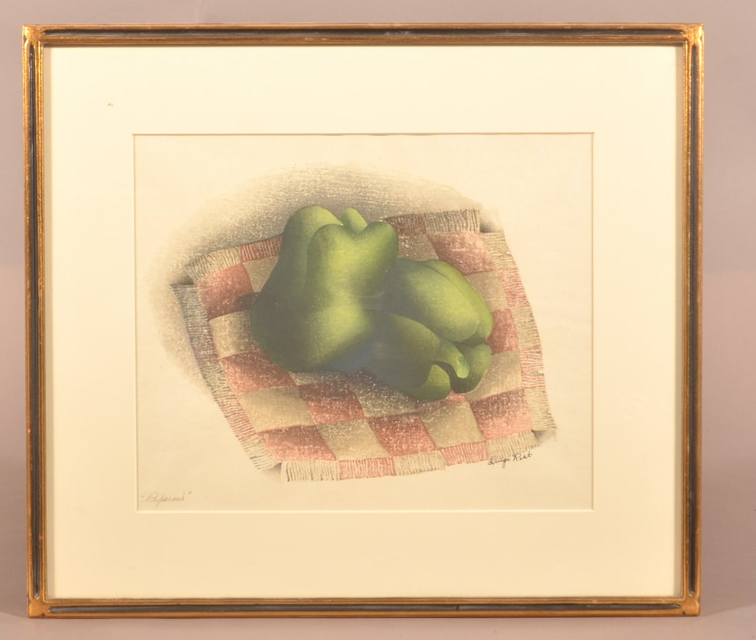 Luigi Rist "Peperoni" Color Woodcut on Paper.: Luigi Rist "Peperoni" Color Woodcut on Paper. Luigi Rist (American, 1888-1959). Hand-signed "Luigi Rist" on the image. Circa 1950. Image, 9" x 11"; 14-1/2" x 16-1/2" with frame.