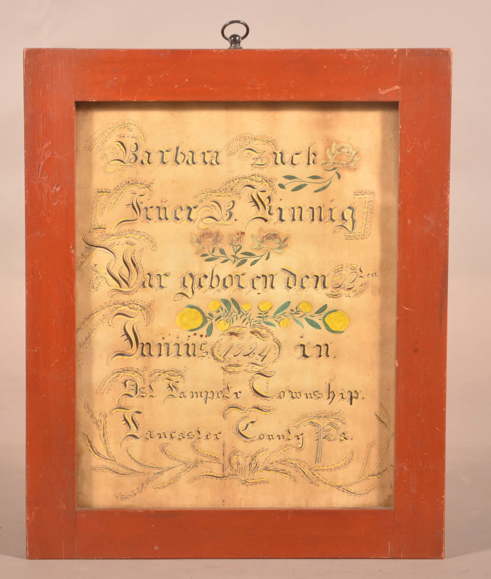 Lancaster County 1824 Fraktur Birth Record. (1 of 4)