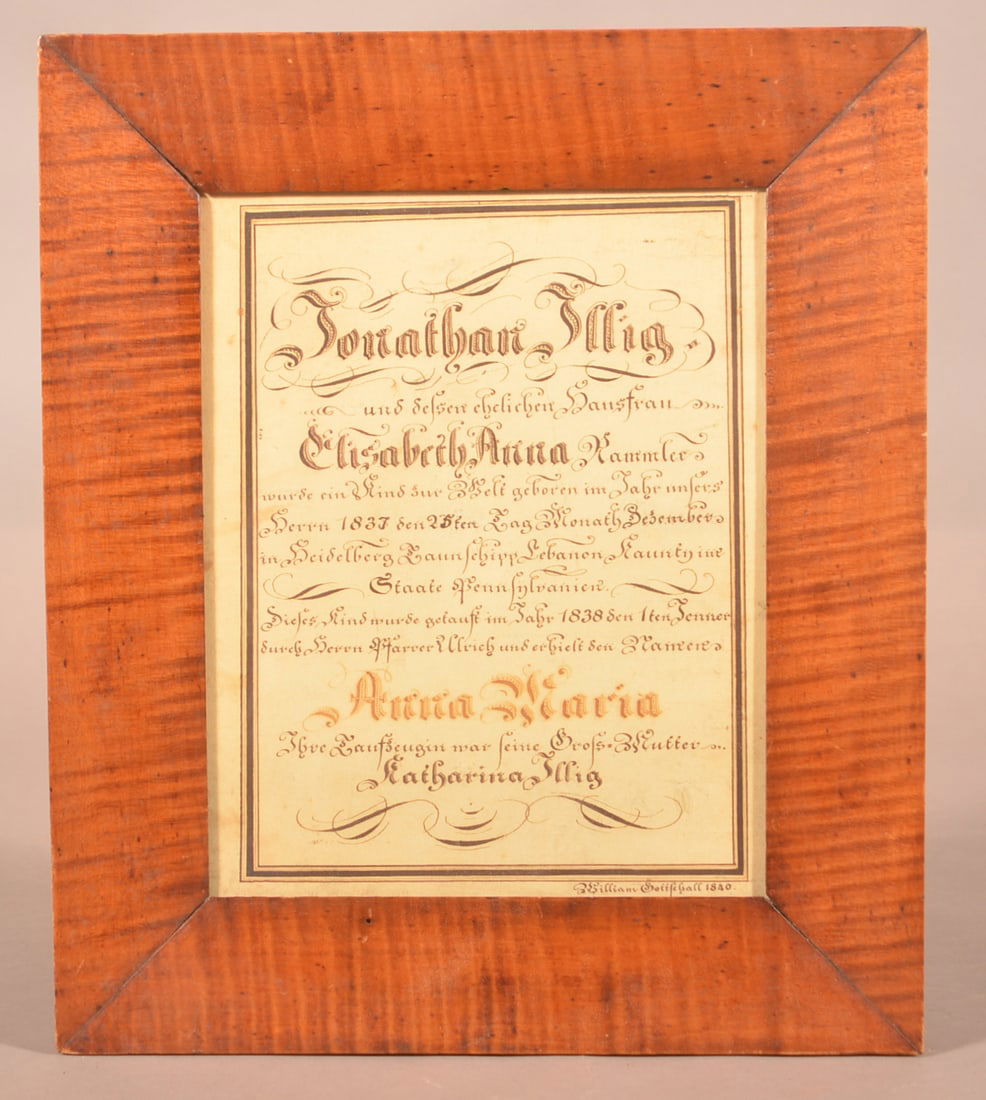 Lebanon County, PA 1840 Handwritten Taufschein. (1 of 4)