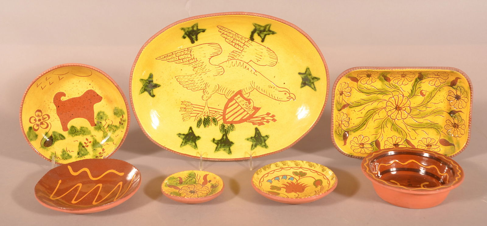 Seven Pcs. of Sgraffito & Slip Breininger Pottery. (1 of 3)