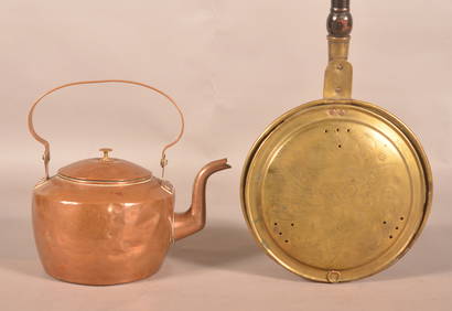 PA 19th C. Copper Tea Kettle & Brass Bed Warmer. (1 of 5)